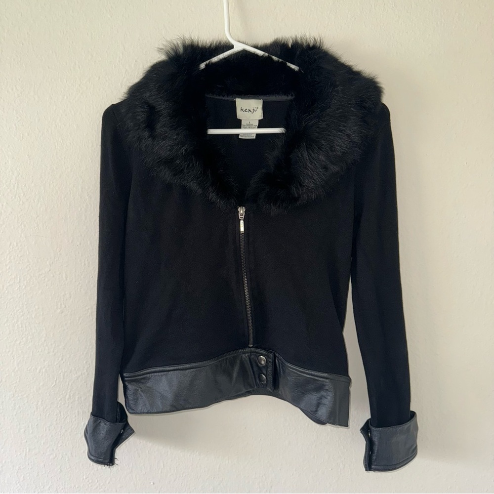 Kenji Sweater Womens L Black Rabbit Fur Silk Zip Leather Trim Whimsigoth Y2K